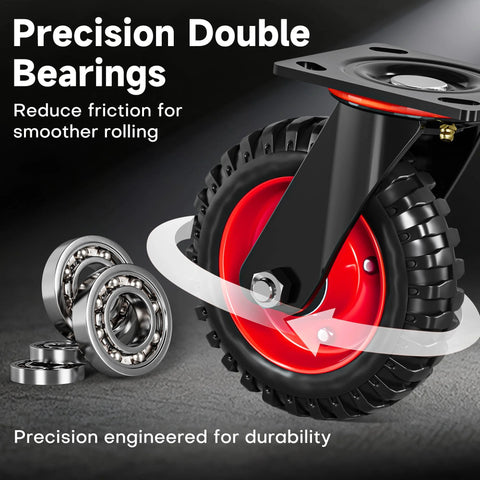 Close-up of 6 Inch Caster Wheels Set Of 4 With 2 Swivel And 2 Fixed Casters, heavy duty rubber wheels with knobby tread and bearings.