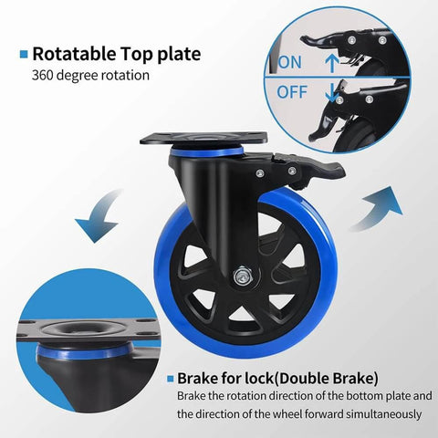 Close-up of 6 Inch Heavy Duty Caster Wheels showing rotatable top plate and dual locking brake features.