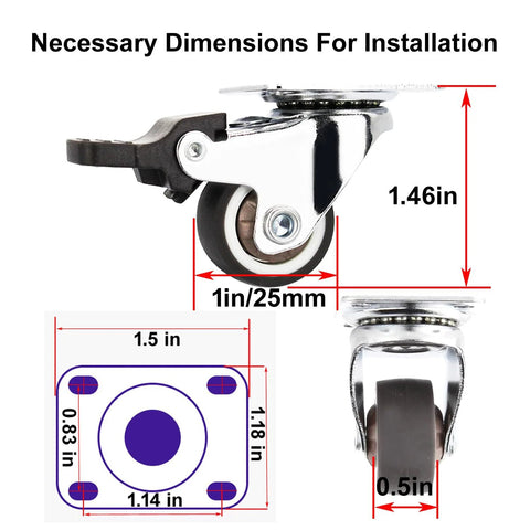 Diagram of 1 Inch Low Profile Caster Wheels Set Of 4 With Two Brakes And Two Non Brake, 100 Lb Capacity, Quiet TPR Rubber Casters