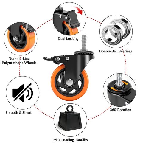 Heavy Duty 4 Inch Caster Wheels Set of 4 with Locking Swivel Casters for Furniture, Workbenches and Carts, 1/2 Inch Threaded Stem