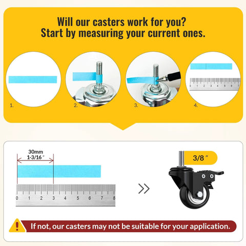 Measurement guide for selecting 2 Inch Stem Caster Wheels Total Locking Heavy Duty Swivel Castors with 3/8 Inch 16 x 1 Threaded Stem.