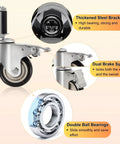 Image of Expanding Stem Caster Wheels, 3 Inch, Dual Brake, Set Of 4 For 7/8 To 1-5/8 Inch Tube Legs, highlighting features of thickened steel bracket, dual brake system, and double ball bearings.