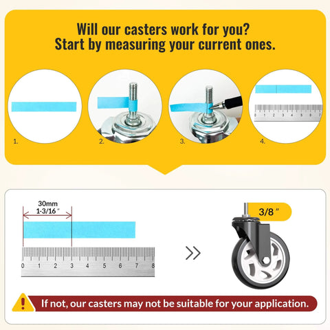 Measurement guide for 5 Inch Caster Wheels No Brake Stem Casters Set of 4 Heavy Duty Swivel Castors with 3/8 Inch 16 x 1 Threaded Stem.
