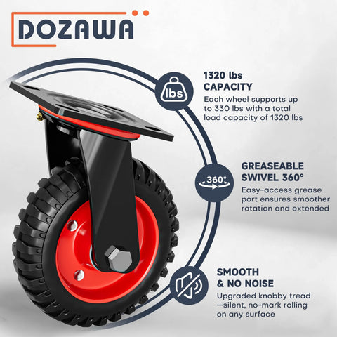 6 Inch Caster Wheels Set Of 4 With 2 Swivel And 2 Fixed Casters, Heavy Duty Rubber Wheels With Knobby Tread For All Terrain Use