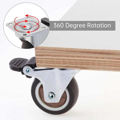Close-up of 1.5 Inch Plate Swivel Caster Wheels Set Of 4 With Quiet Rubber Wheels And Locking Brakes, attached to wood panel