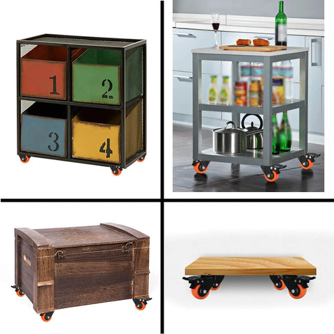 2 inch heavy duty caster wheels with brakes, quiet swivel plate PU casters with orange wheels in a 48 pack on various carts.