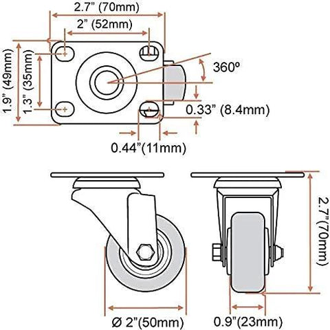 Technical diagram of 2 Inch Caster Wheels 12 Pack 6 Rigid Non Swivel Fixed Casters And 6 Swivel Plate Casters No Brake