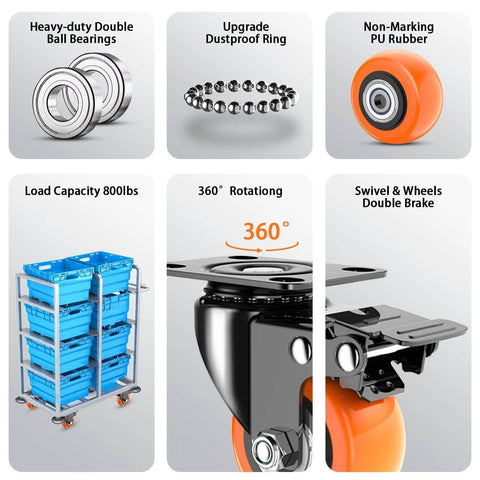 Diagram showing features of 2 inch heavy duty caster wheels set of 4 with locking brakes silent swivel casters for carts and furniture