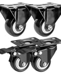 4 Pack 2 Inch Caster Wheels With Dual Locking Brakes 2 Rigid Non Swivel Fixed And 2 Swivel With Brakes All Black Polyurethane Non Marking Quiet Operation 150 Lb Per Wheel Designed For Use On Carts Tables And Benches With Smooth Rolling And Low Noise