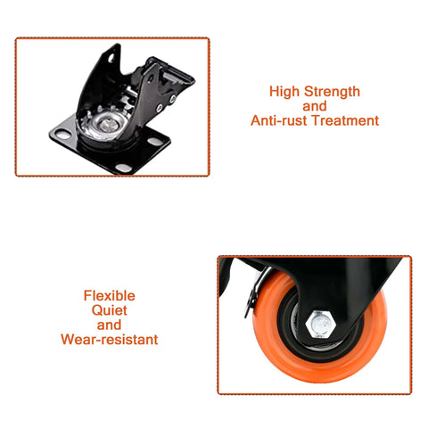 2 inch heavy duty caster wheels set of 4 with locking brakes orange polyurethane top plate swivel casters rated 600 lb