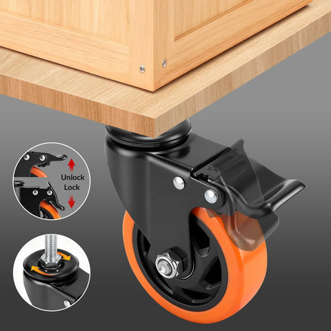 Heavy Duty 4 Inch Caster Wheels Set of 4 with Locking Swivel Casters for Furniture, close-up of wheel attached to wood