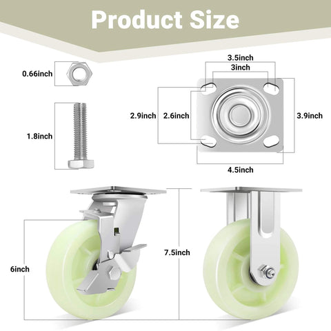 Product dimensions for ✝️ Heavy Duty Caster Wheels 6 Inch - 4500 LBS, PP Plate Castor Set of 4, featuring swivel and brake mechanism