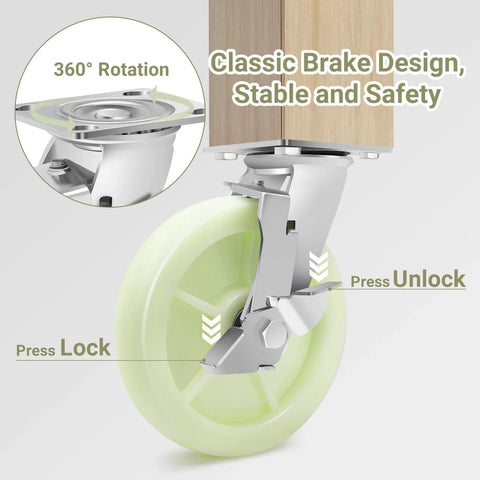 Heavy Duty Caster Wheels 8 Inch - 6000 LBS, PP Plate Castor with brake design, side view with 360° rotation feature highlighted