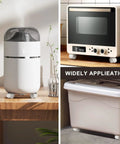 8 Piece 1 Inch Free Punching Pastable Plate Caster With Stickers And Screws Self Adhesive Swivel 360 Degree Rotation Universal Wheel For Small Appliances Furniture Trash Cans Storage Boxes installed on a countertop appliance, tabletop decoration, and a storage container, showcasing mobility and versatility.