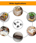 Infographic showing 12 Pcs Half Inch Small Caster Wheels With Unidirectional Non Swivel Plate Casters And Rubber Wheels For Furniture And Small Appliances used in multiple applications including drawers and plant stands, with visual examples.