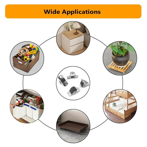 Infographic showing 12 Pcs Half Inch Small Caster Wheels With Unidirectional Non Swivel Plate Casters And Rubber Wheels For Furniture And Small Appliances used in multiple applications including drawers and plant stands, with visual examples.