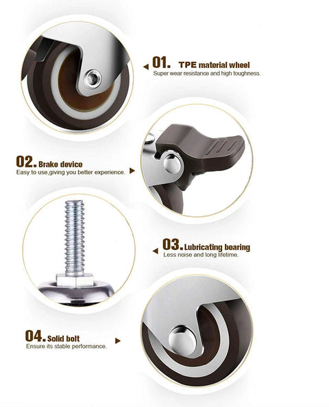 Components of 2 Inch Heavy Duty Caster Wheels Set Of 4 With 2 Brakes And Bolts Up To 440 Lbs Each Quiet Rubberized Trolley Or Pallet Castors.