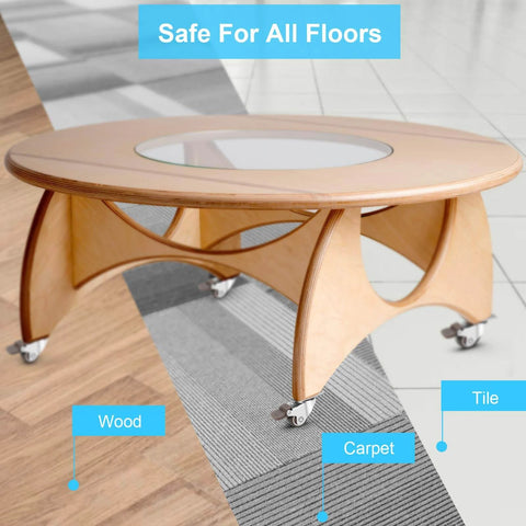 Modern table on 1 Inch Heavy Duty Caster Wheels Set of 4 with Brake, Silent Locking Rubber Swivel Plate Casters, safe for all floors.