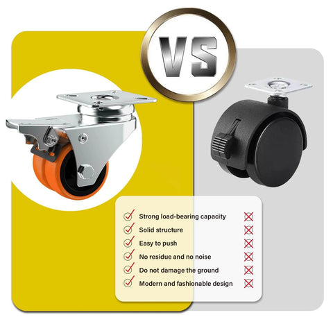 Comparison of 2 inch caster wheels set of 64: heavy duty double wheeled orange TPE casters with brake vs standard black casters.