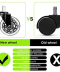 Comparison of new heavy duty replacement office chair caster wheel and old wheel; new wheel features soft PU rubber for all floors.