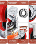 6 Inch Industrial Heavy Duty Caster Wheels Set of 4 with polyurethane surface TPE casters showing side brake and steel support