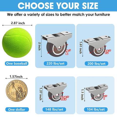 Fixed Caster Wheels Set With TPR Material Low Profile Rubber Casters Quiet Floor Friendly Polyurethane Wheels For Furniture Drawers