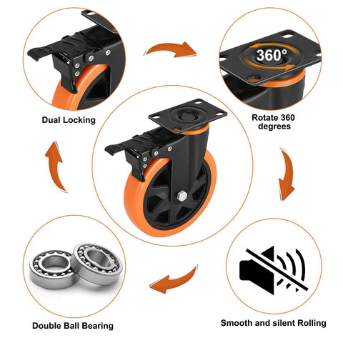 5 inch heavy duty plate caster wheels set of 4 with dual locking brakes silent rubber wheels rated 2400 lb total high strength