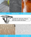 "One Inch Low Profile Caster Wheels For Furniture Set Of 4 With Soft Rubber Swivel Casters And Locking Top Plate, 110 Lbs Load Capacity, Includes Two With Brake And Two Without, Smooth Rolling displayed on various floor types including wood, marble, solid wood, carpet, and concrete, showcasing floor compatibility."