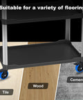 Image showing a cart with 2-Inch Stem Caster Wheels Set Of 4 With 1/2-13 Threaded Stem on tile, wood, and cement floors.