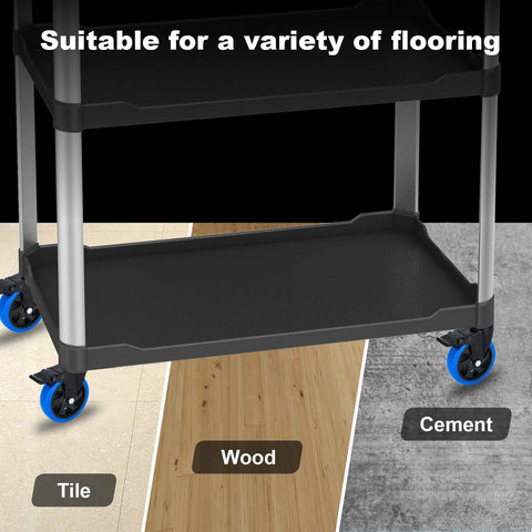 Image showing a cart with 2-Inch Stem Caster Wheels Set Of 4 With 1/2-13 Threaded Stem on tile, wood, and cement floors.