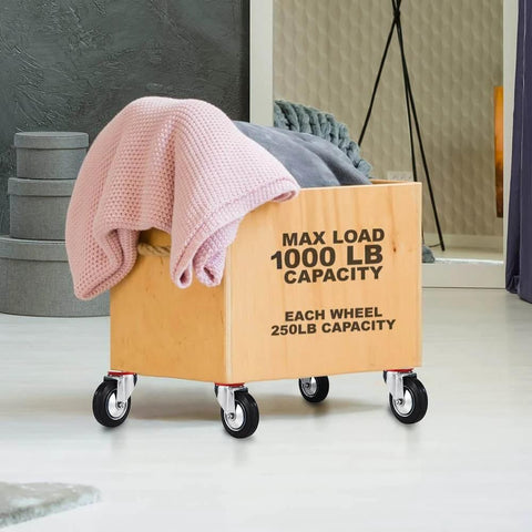 Wooden box on 3 Inch Heavy Duty Swivel Caster Wheels 4 Pack, showing rubber base casters with double ball bearings, 250lb capacity