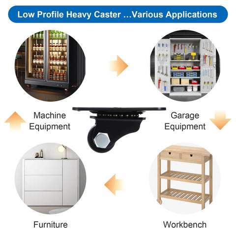 Diagram showing applications of 4 Pack 1 Inch Caster Wheels Heavy Duty Low Profile Plate Swivel Casters With Double Nylon Wheels 1100 Lb Load Capacity Anti Wear Furniture Casters Extra Wide Smooth Roll For Bed And Workbench Black