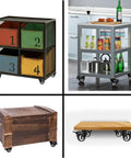 Showcasing various furniture on wheels: colorful storage cart, kitchen trolley, rustic chest, and flat dolly with casters.