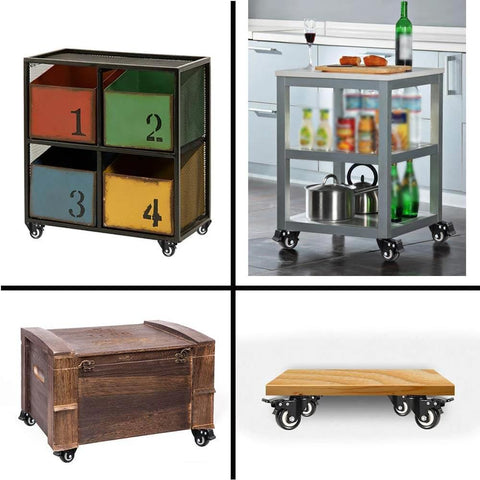 Showcasing various furniture on wheels: colorful storage cart, kitchen trolley, rustic chest, and flat dolly with casters.