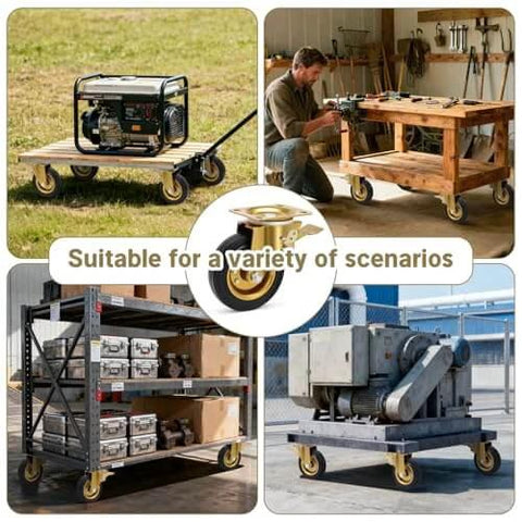 6 Inch Outdoor Heavy Duty Caster Wheels Set of 4 with Brake shown on carts, workbenches, and heavy equipment for various uses