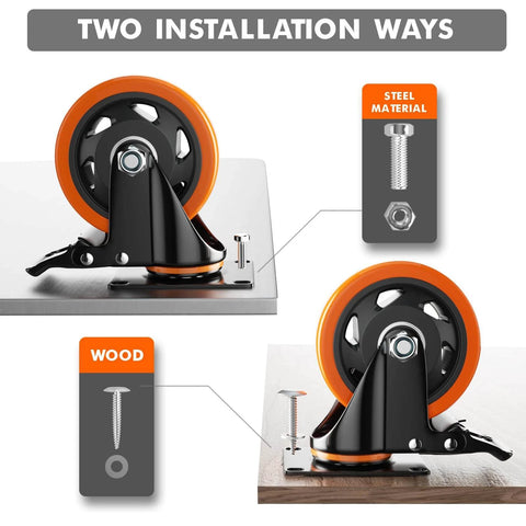 4 Inch Heavy Duty Caster Wheels Set of 4 with locking industrial swivel design demonstrating two installation methods.