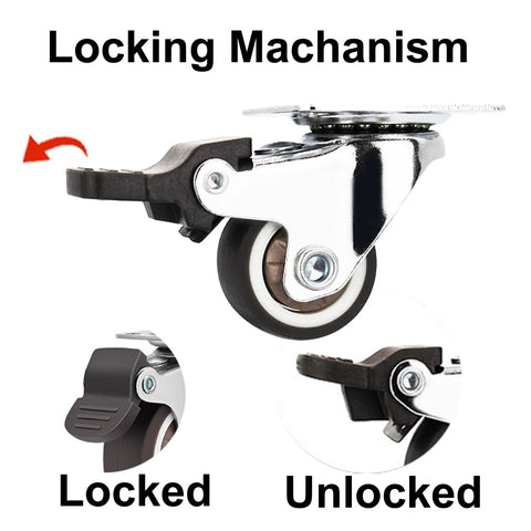 Side view of 1 Inch Low Profile Caster Wheels Set Of 4 With Two Brakes And Two Non Brake, showing locking mechanism labeled locked and unlocked.