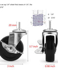 Set Of Four Caster Wheels For Organization And Storage Shelving showing measurements and thread sizes in diagram