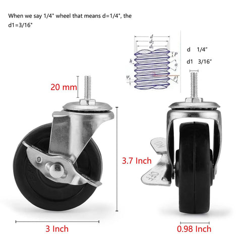 Set Of Four Caster Wheels For Organization And Storage Shelving showing measurements and thread sizes in diagram