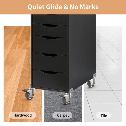 Black cabinet with 2 Inch L Shaped Swivel Plate Casters With Brakes, TPR Silent Furniture Wheels, suitable for various floors.