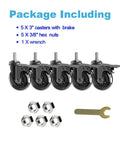 Five Pack 3 Inch Caster Wheels With Safety Dual Locking Brakes Heavy Duty Rubber Castors On 360 Degree Swivel Threaded Stem Mount