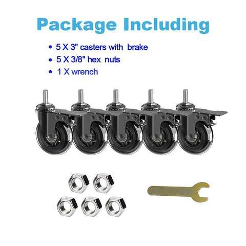Five Pack 3 Inch Caster Wheels With Safety Dual Locking Brakes Heavy Duty Rubber Castors On 360 Degree Swivel Threaded Stem Mount