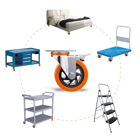 Illustration showing uses for 4 Inch Heavy Duty Caster Wheels Set Of 4 No Noise Polyurethane Casters with tool boxes, furniture, carts.