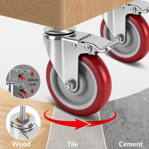 Five Inch Locking Swivel Caster Wheels Set Of Four With One Half Inch By Thirteen Threaded Stem And One And One Half Inch Length Heavy Duty Industrial Castors For Cart Furniture And Workbench Quiet Polyurethane Wheels With Brake Locks And Floor Protection