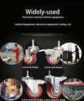 Heavy Duty Stem Caster Wheels With PU Castors For Quiet Smooth Operation No Noise 360 Degree Swivel Dual Locking Brakes M8-1.25x25mm Stem 3 Inch Casters Pack Of 4 Ideal For Furniture Tools Equipment shown in various uses.