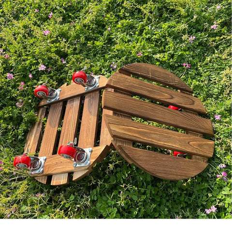 Wooden platforms with Heavy Duty 1.5 Inch Caster Wheels Set Of 12 With Brakes, Swivel Locking Casters, Red PVC Wheels on green grass