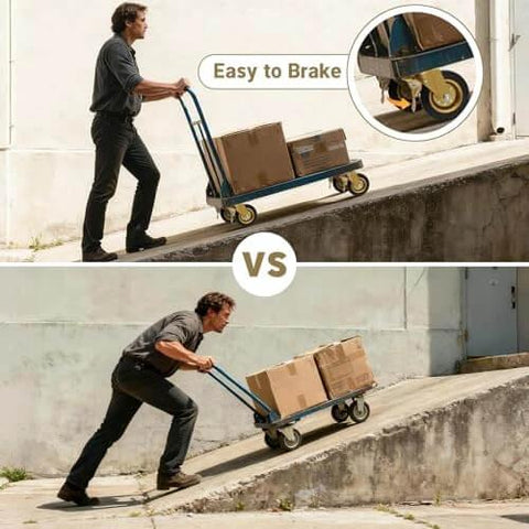 Man using cart with 6 Inch Outdoor Heavy Duty Caster Wheels Set of 4 with Brake, showcasing braking system and performance on slope.