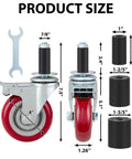 4 Inch Prep Table Caster Wheels Set Of 4, Heavy Duty Expanding Stem Casters For Stainless Steel Furniture Legs, Work Tables And Kitchen Benches, Fits Inner Diameters 7/8 In, 1 In, 1-1/2 In And 1-5/8 In, With Brakes, front view with size dimensions
