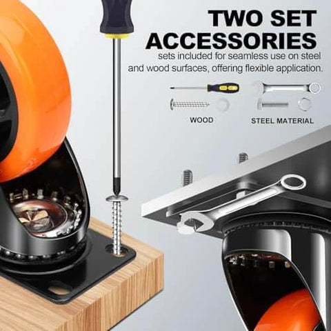 2 Inch Heavy Duty Locking Caster Wheels Set of 4, 360 Degree Swivel Plate Casters with Brake, installation on wood with accessories