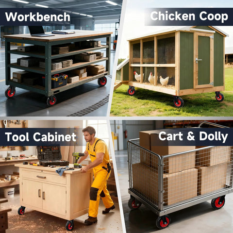 6 Inch Caster Wheels Set Of 4 With 2 Swivel And 2 Fixed Casters in use on workbench, chicken coop, tool cabinet, and cart dolly